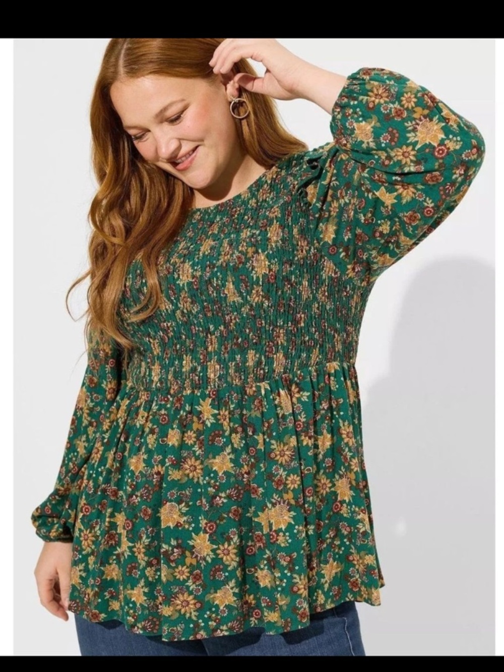 Torrid Green Floral Smocked Peplum Crinkle Gauze Tunic Top Plus Size